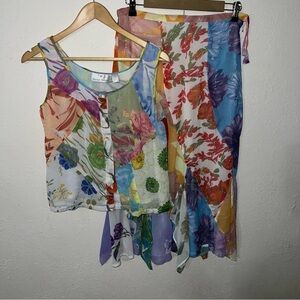 Sacred Threads floral patchwork two-piece top and skirt set Size Small.
